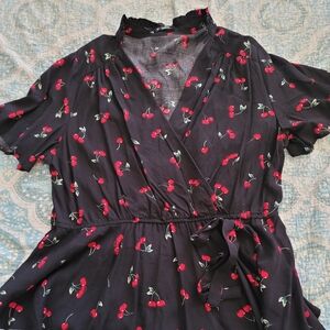 Cherry Print Black Wrap Top